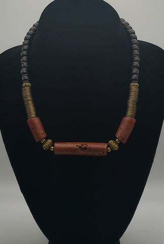 Vintage Handmade Red Jasper, Brass and Glass Necklace - 18.5"