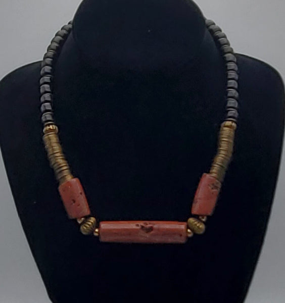 Vintage Handmade Red Jasper, Brass and Glass Necklace - 18.5"