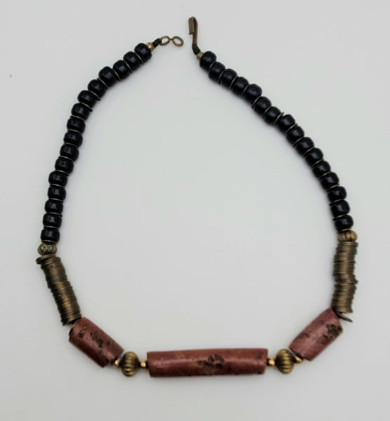 Vintage Handmade Red Jasper, Brass and Glass Necklace - 18.5"