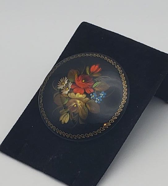 Vintage Hand-Painted Floral Wood Brooch