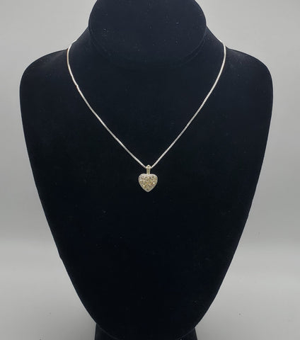Vintage Silver Tone Rhinestone Heart Pendant on Silver Tone Box Link Chain Necklace - 18 +3"