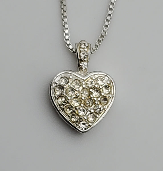 Vintage Silver Tone Rhinestone Heart Pendant on Silver Tone Box Link Chain Necklace - 18 +3"