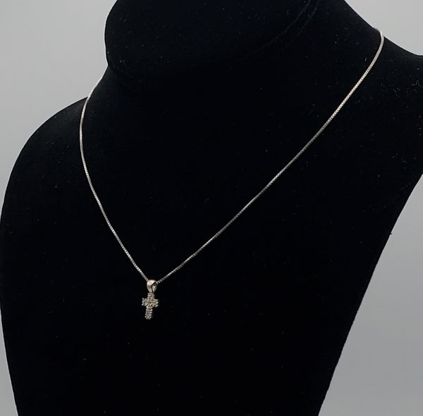 Vintage Sterling Silver Rhinestone Cross Pendant Necklace - 16"