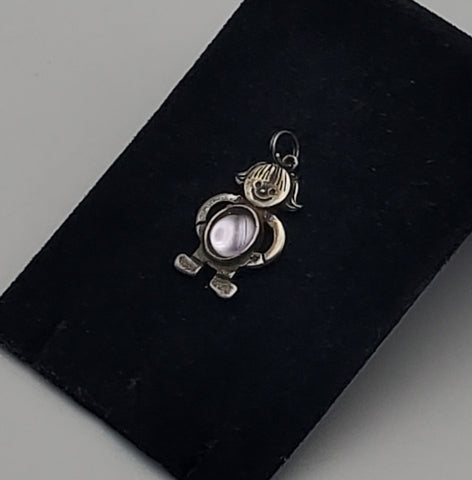 Sterling Silver Girl Charm with Very Light Pink Glass Cabochon