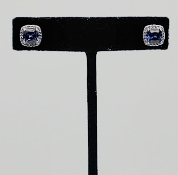 Blue Cushion Cut Crystal Sterling Silver Stud Earrings