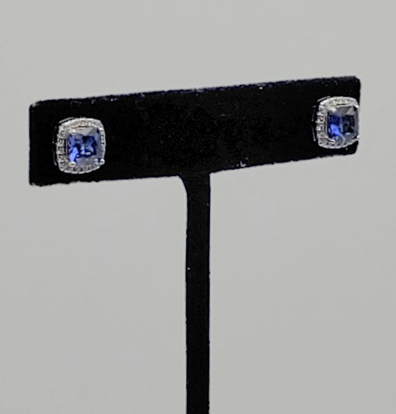 Blue Cushion Cut Crystal Sterling Silver Stud Earrings