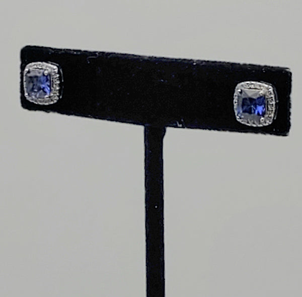 Blue Cushion Cut Crystal Sterling Silver Stud Earrings