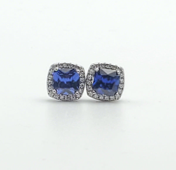 Blue Cushion Cut Crystal Sterling Silver Stud Earrings