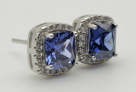 Blue Cushion Cut Crystal Sterling Silver Stud Earrings