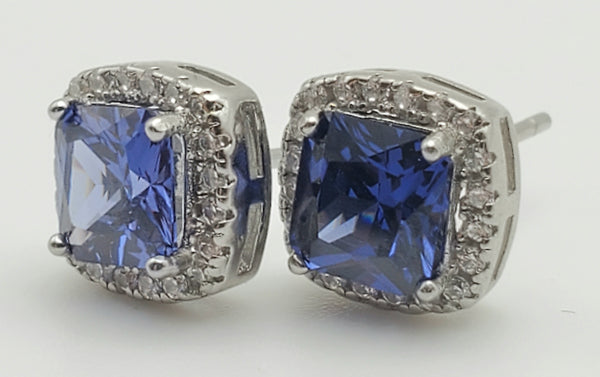 Blue Cushion Cut Crystal Sterling Silver Stud Earrings