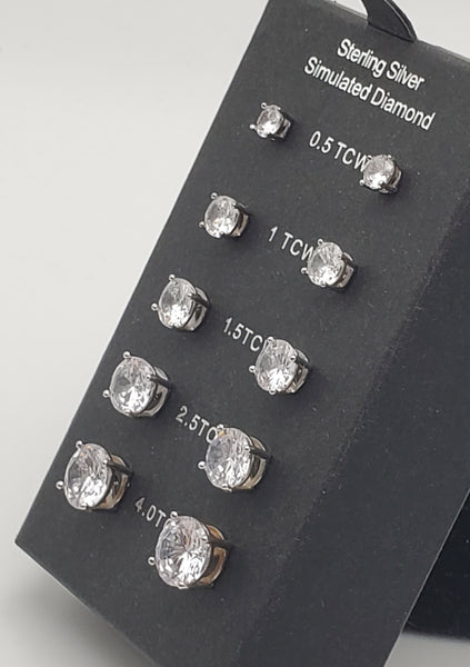 Sterling Silver Simulated Diamond Stud Earrings - Various Sizes