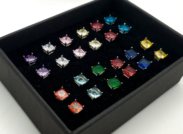 Sterling Silver Stud Earrings with Simulated Gemstones - Various Colors