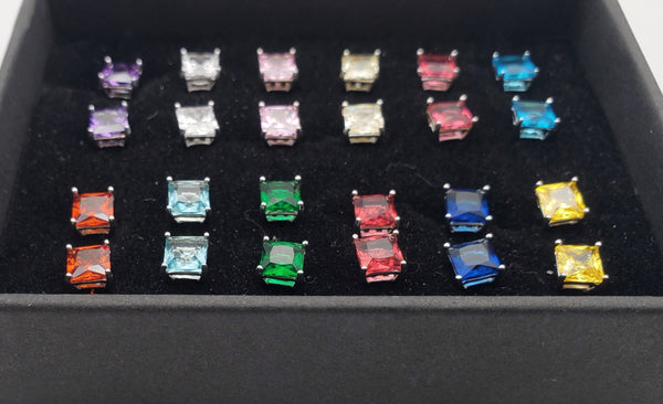 Sterling Silver Stud Earrings with Simulated Gemstones - Various Colors