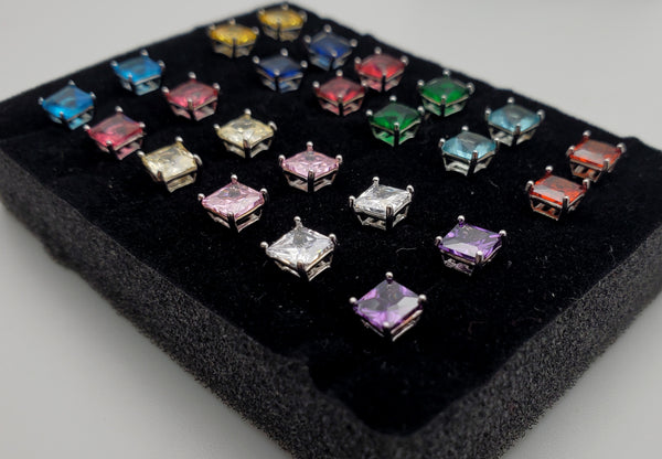 Sterling Silver Stud Earrings with Simulated Gemstones - Various Colors