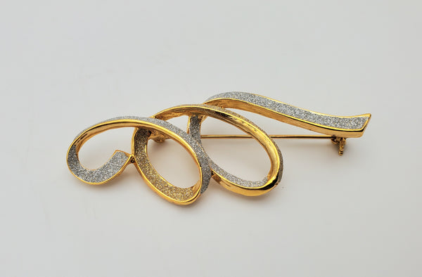 Vintage Gold Tone Glittery Twisted Ribbon Brooch