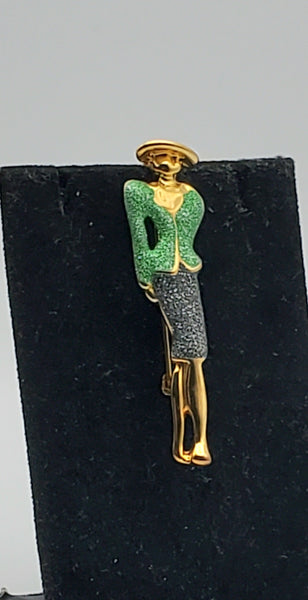 Vintage Gold Tone Glitter Fashionable Lady Brooch