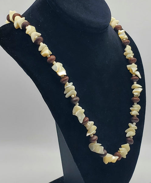 Vintage Nacre Shell Mother-of-Pearl and Wood Bead Necklace - 26"