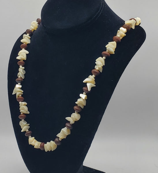 Vintage Nacre Shell Mother-of-Pearl and Wood Bead Necklace - 26"