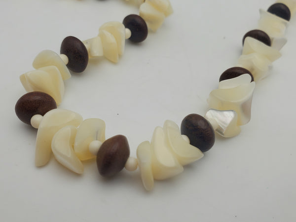 Vintage Nacre Shell Mother-of-Pearl and Wood Bead Necklace - 26"