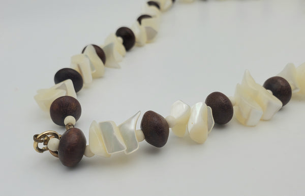 Vintage Nacre Shell Mother-of-Pearl and Wood Bead Necklace - 26"