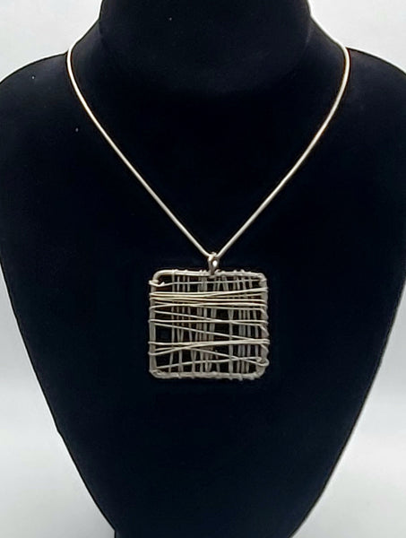 Handmade Wire Wrapped Square Pendant on Silver Tone Chain Necklace - 17"