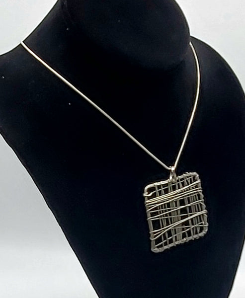 Handmade Wire Wrapped Square Pendant on Silver Tone Chain Necklace - 17"