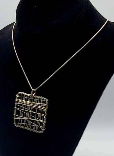 Handmade Wire Wrapped Square Pendant on Silver Tone Chain Necklace - 17"