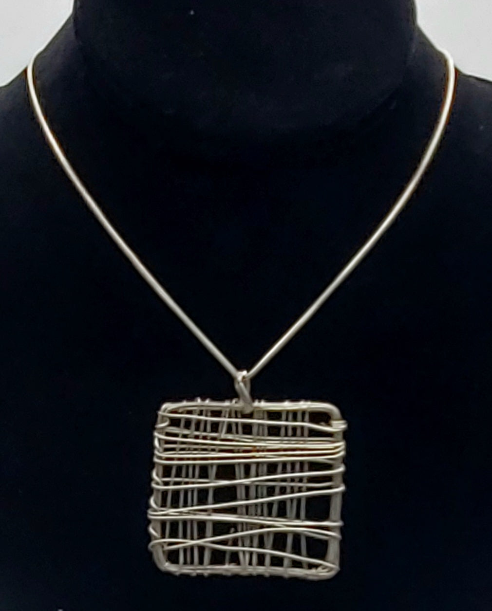 Handmade Wire Wrapped Square Pendant on Silver Tone Chain Necklace - 17"