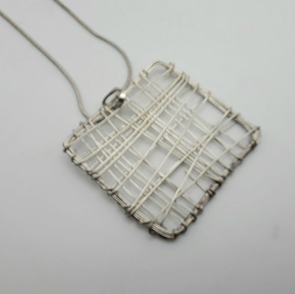 Handmade Wire Wrapped Square Pendant on Silver Tone Chain Necklace - 17"