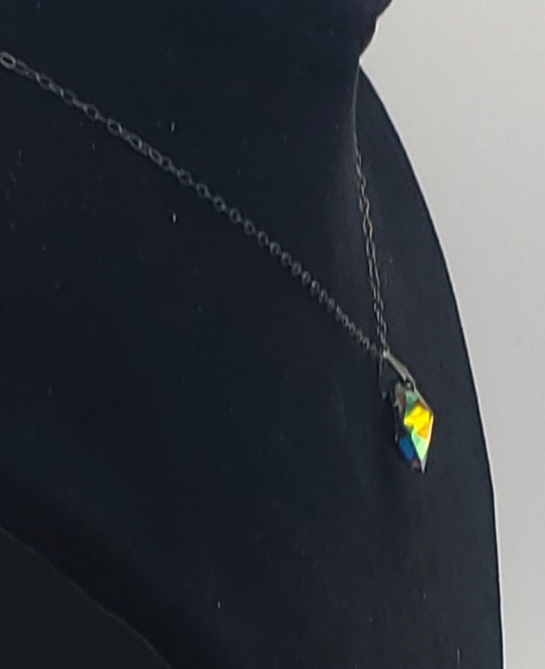 Vintage Prismatic Foil Back Glass Heart Pendant on Sterling Silver Chain Necklace - 18"