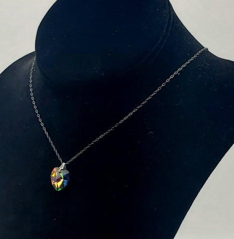 Vintage Prismatic Foil Back Glass Heart Pendant on Sterling Silver Chain Necklace - 18"