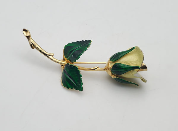 Giovanni - Vintage Gold Tone White Rose Enamel Brooch