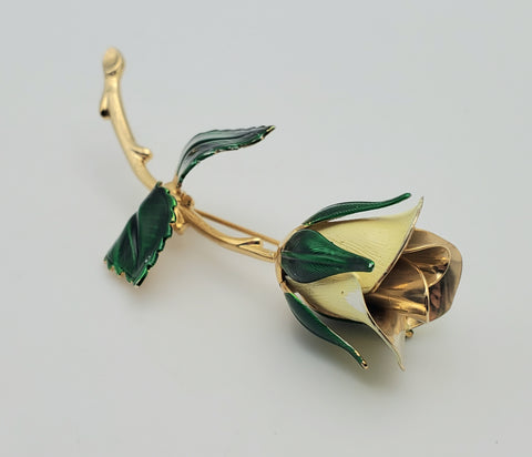 Giovanni - Vintage Gold Tone White Rose Enamel Brooch