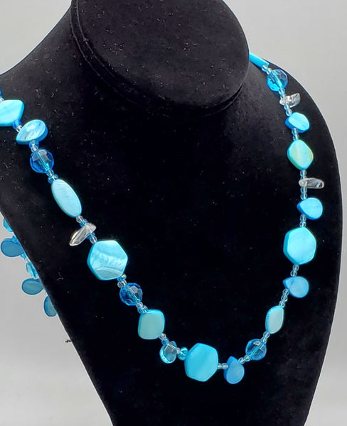 Dyed Blue Mother-of-Pearl and Beaded Necklace - 30"