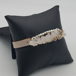 Vintage Rose Quartz and Quartz Half Leather Stretch Bracelet
