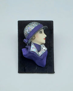 Vintage Handmade Sculpted Clay Fashionable Female Profile Brooch