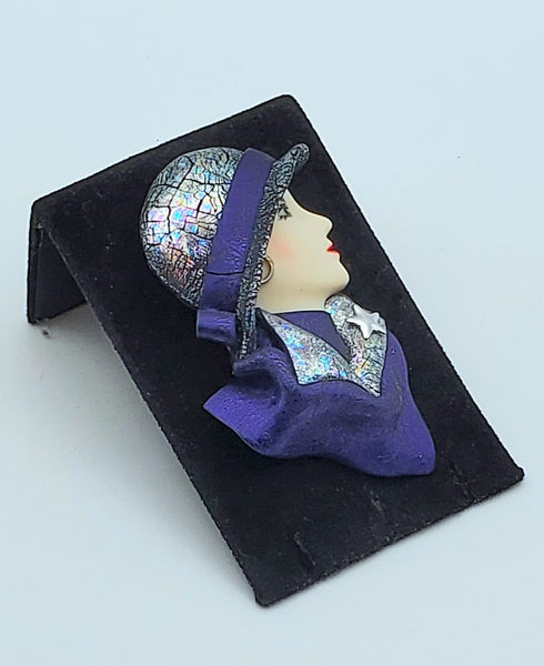 Vintage Handmade Sculpted Clay Fashionable Female Profile Brooch
