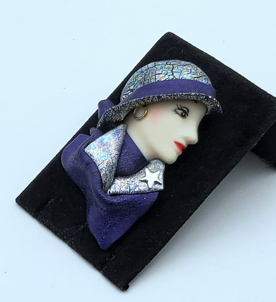 Vintage Handmade Sculpted Clay Fashionable Female Profile Brooch