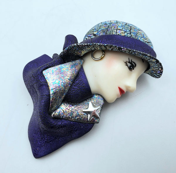 Vintage Handmade Sculpted Clay Fashionable Female Profile Brooch