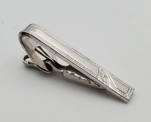 Vintage Silver Tone Engraved Tie Clip