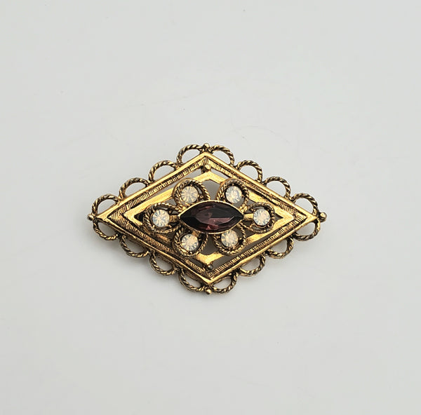 Vintage Gold Tone Opaline Filigree Brooch