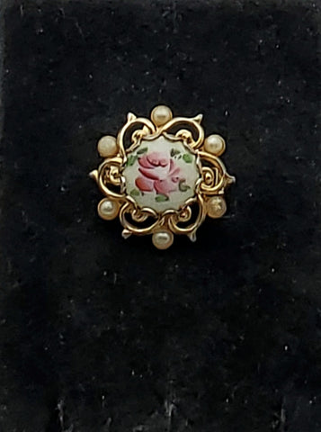 Vintage Hand Painted Guilloche Enamel Gold Tone Brooch