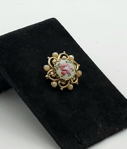 Vintage Hand Painted Guilloche Enamel Gold Tone Brooch