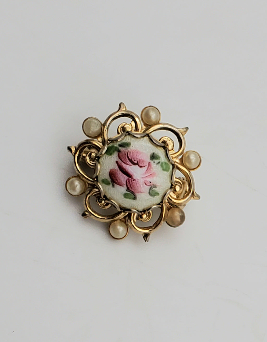 Vintage Hand Painted Guilloche Enamel Gold Tone Brooch