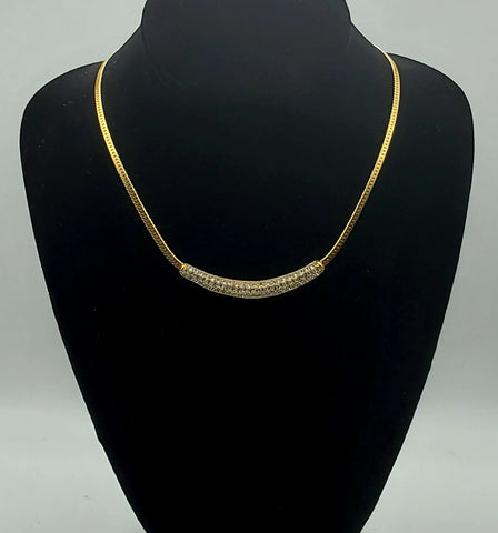 Gold Tone Herringbone Link Rhinestone Pendant Chain Necklace