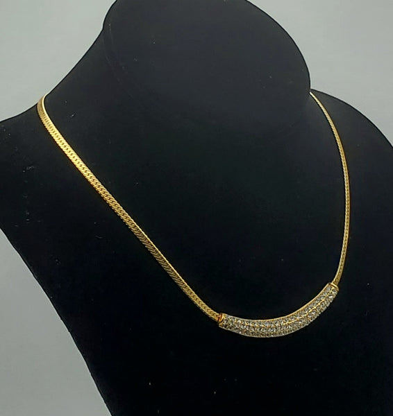 Gold Tone Herringbone Link Rhinestone Pendant Chain Necklace