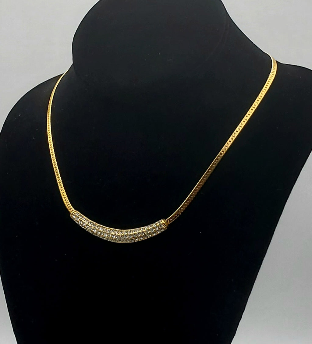 Gold Tone Herringbone Link Rhinestone Pendant Chain Necklace