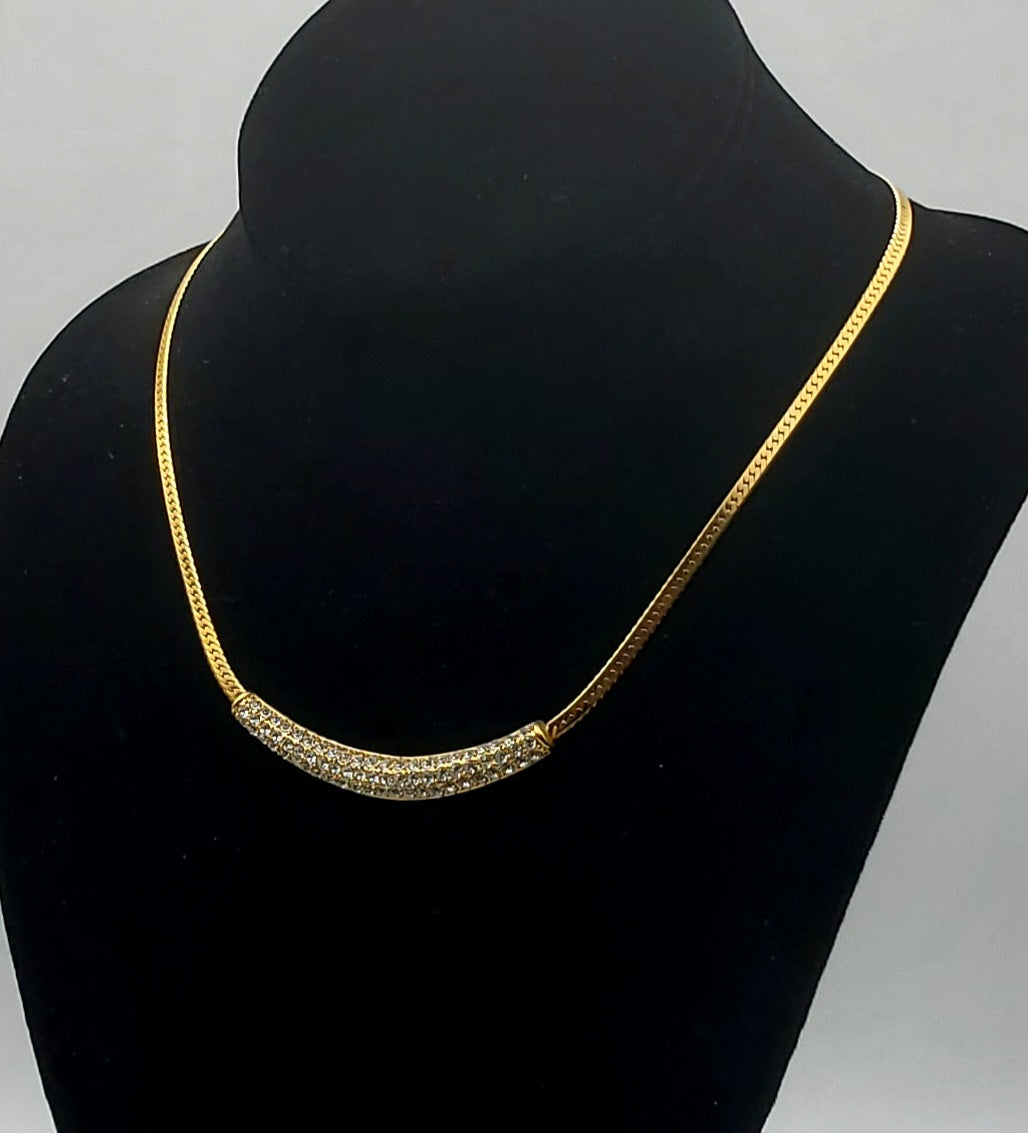 Gold Tone Herringbone Link Rhinestone Pendant Chain Necklace