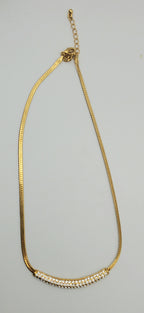 Gold Tone Herringbone Link Rhinestone Pendant Chain Necklace