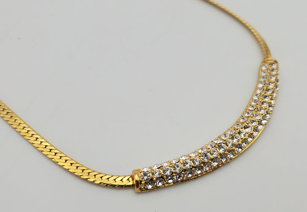 Gold Tone Herringbone Link Rhinestone Pendant Chain Necklace